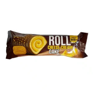 کیک رولی با کرم پنیری و روکش فرآورده کاکائویی و بیسکویتی بنیس حجم 50 گرم